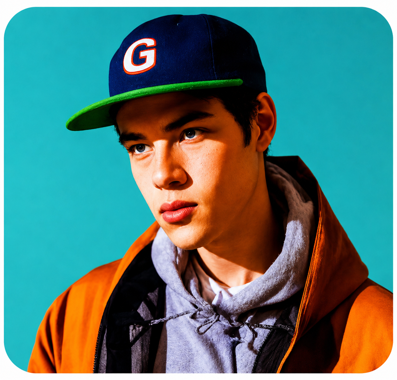 boy with orange jacket & a cap